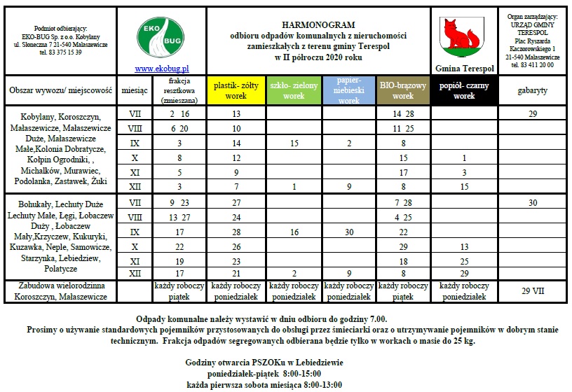 HARMONOGRAM ODBIORU ODPADÓW KOMUNALNYCH II PÓŁROCZE 2020 r.