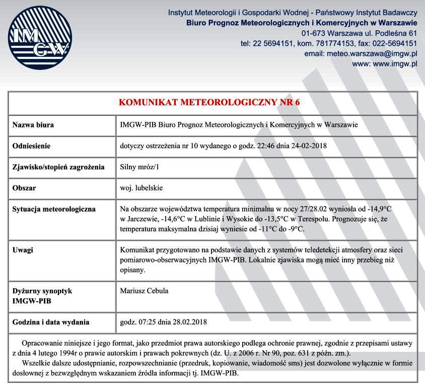 KOMUNIKAT METEOROLOGICZNY