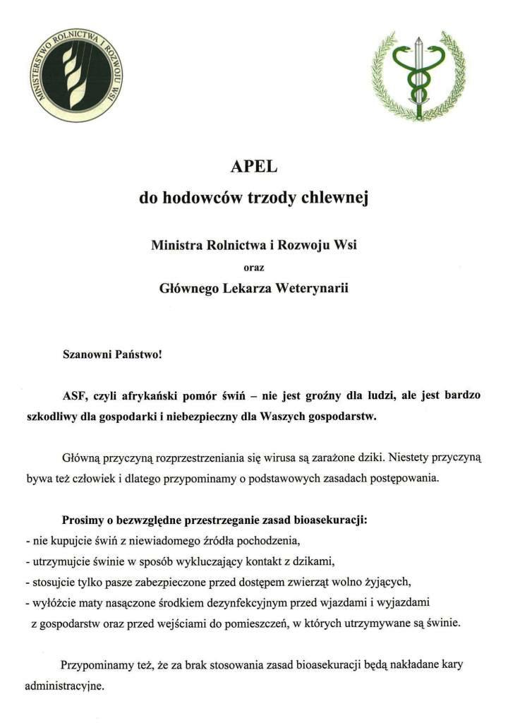 APEL DO HODOWCÓW TRZODY CHLEWNEJ