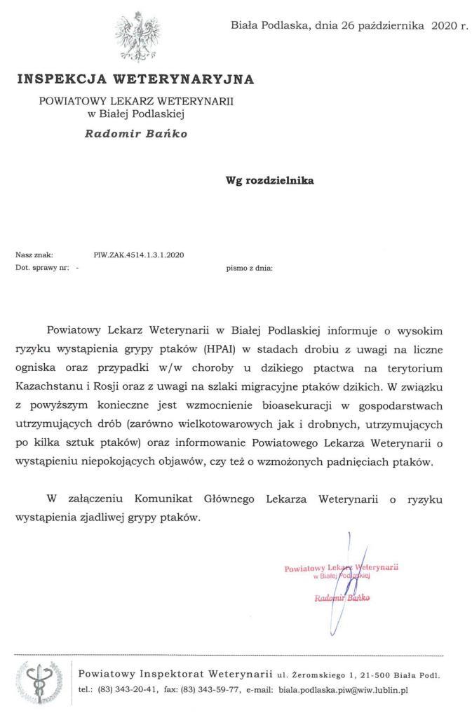 Komunikat Głównego Lekarza Weterynarii o ryzyku wystąpienia w Polsce wysoce zjadliwej grypy ptaków (HPAI) w sezonie jesienno-zimowym 2020/2021