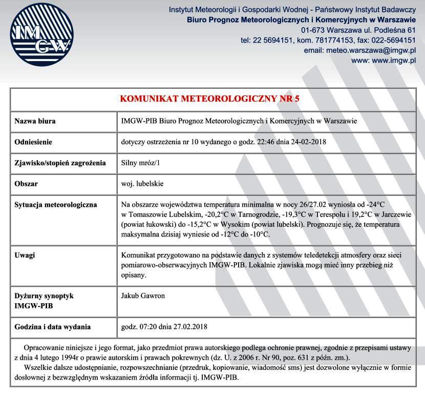 KOMUNIKAT METEOROLOGICZNY
