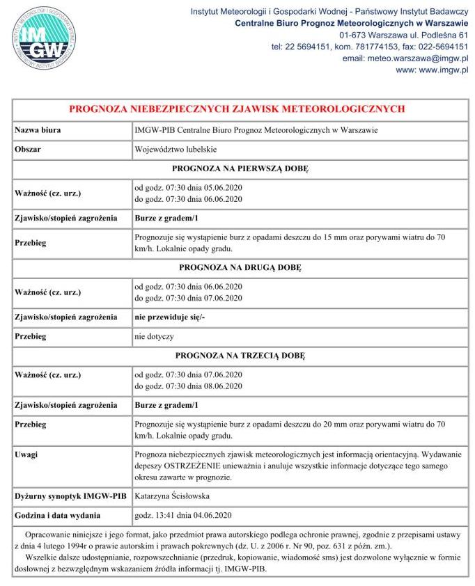 PROGNOZA NIEBEZPIECZNYCH ZJAWISK METEOROLOGICZNYCH