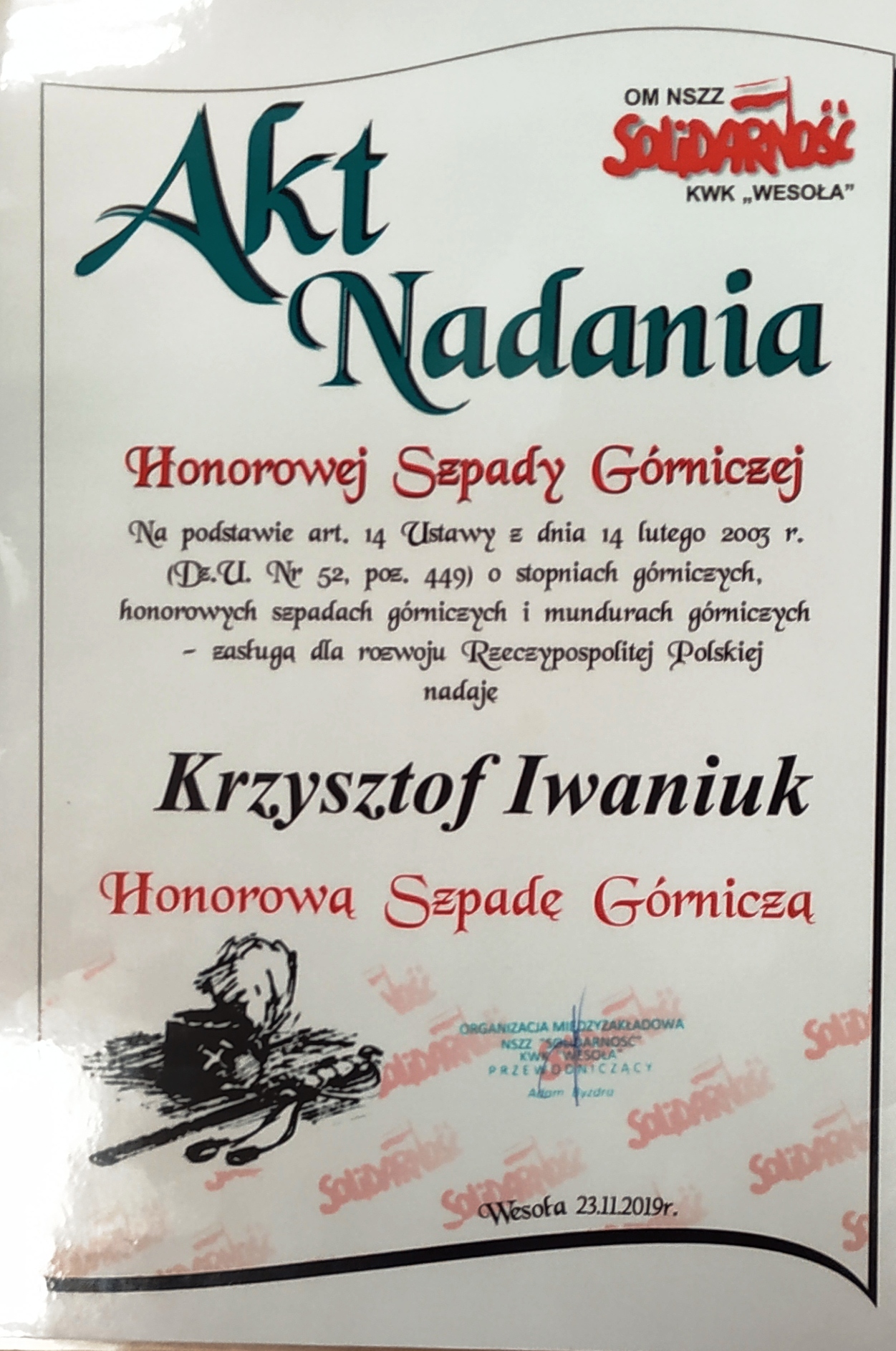 AKT NADANIA HONOROWEJ SZPADY GÓRNICZEJ