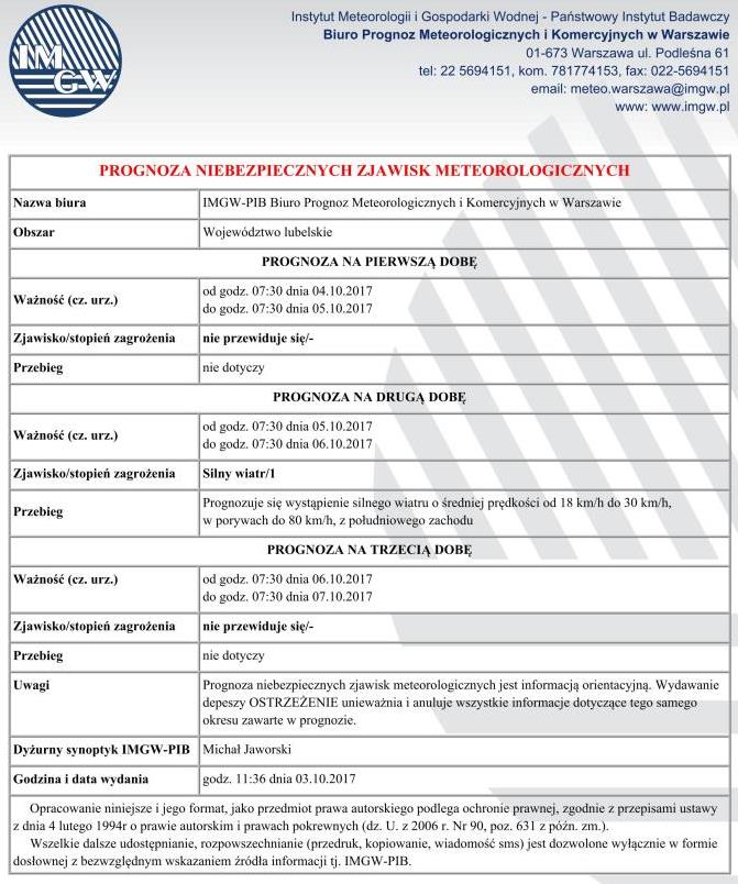 PROGNOZA NIEBEZPIECZNYCH ZJAWISK METEOROLOGICZNYCH
