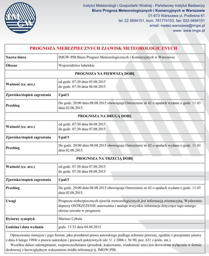 PROGNOZA NIEBEZPIECZNYCH ZJAWISK METEOROLOGICZNYCH