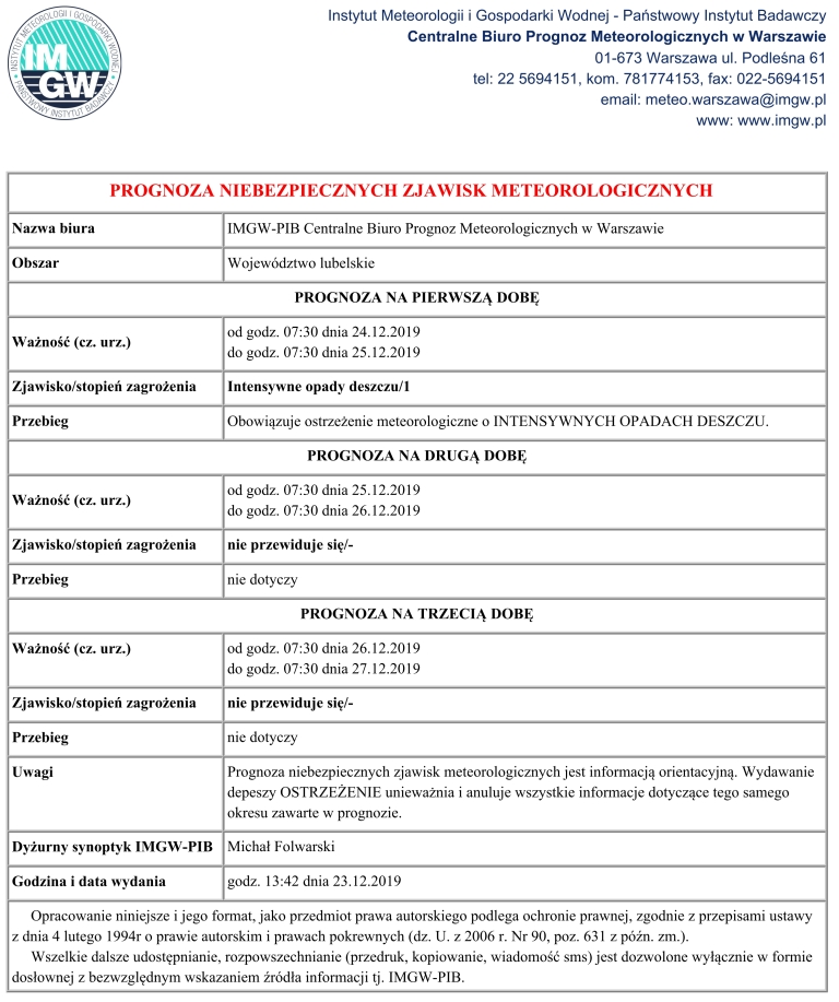 OSTRZEŻENIE METEOROLOGICZNE