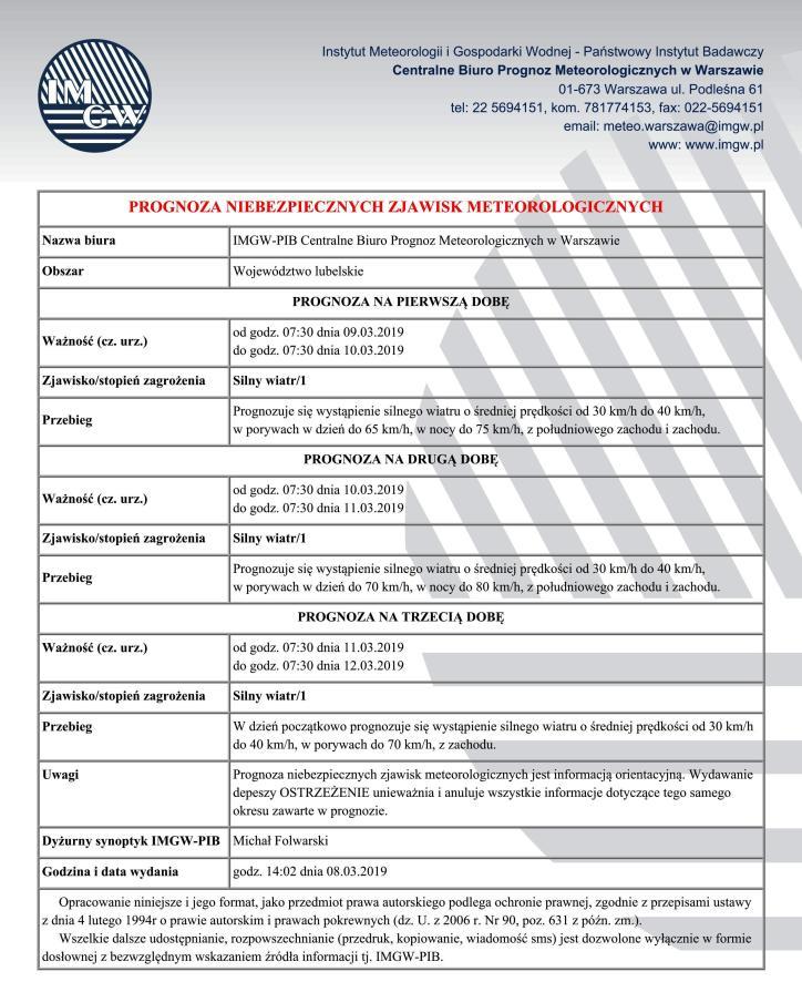 PROGNOZA NIEBEZPIECZNYCH ZJAWISK METEOROLOGICZNYCH