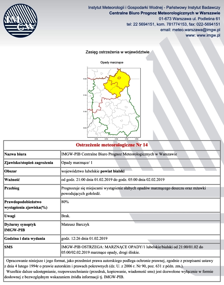 OSTRZEŻENIE METEOROLOGICZNE