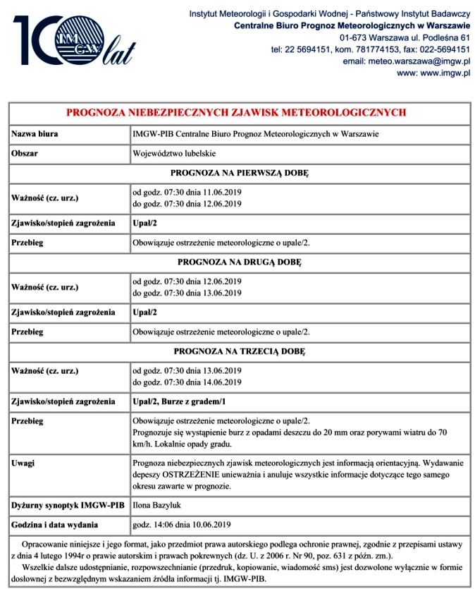 OSTRZEŻENIE METEOROLOGICZNE