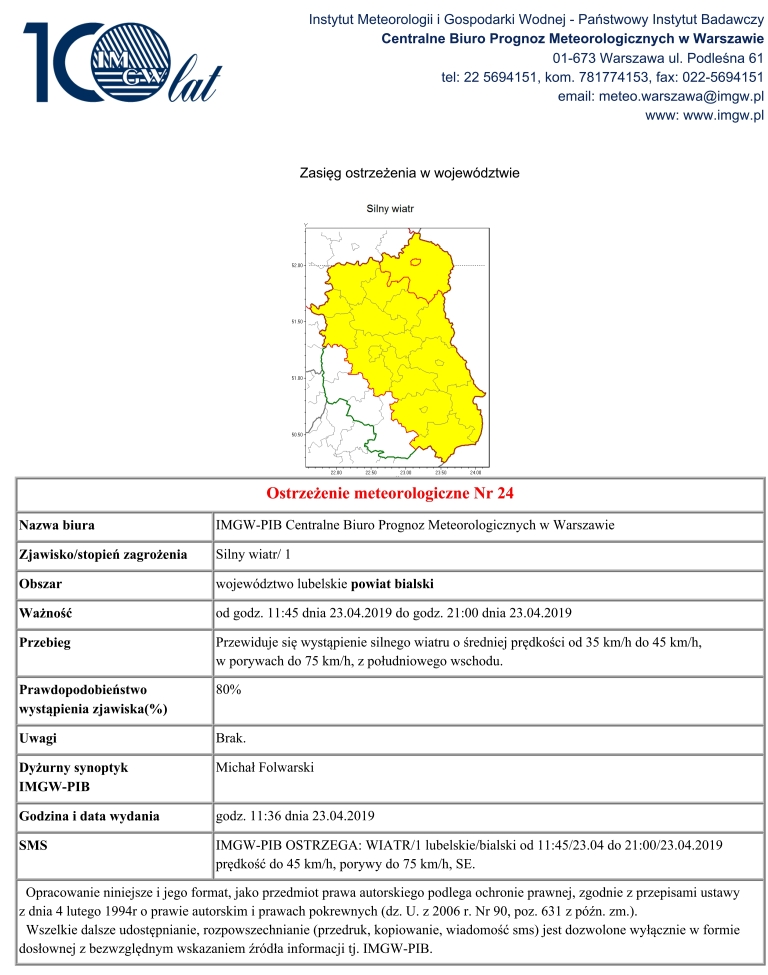 OSTRZEŻENIE METEOROLOGICZNE NR 24