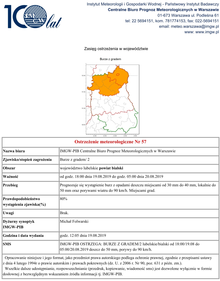 OSTRZEŻENIE METEOROLOGICZNE