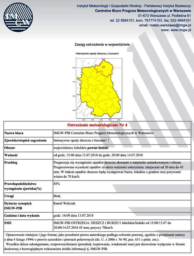 OSTRZEŻENIE METEOROLOGICZNE