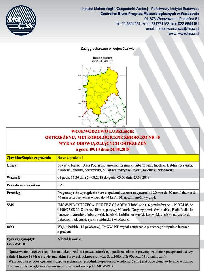 OSTRZEŻENIE METEOROLOGICZNE