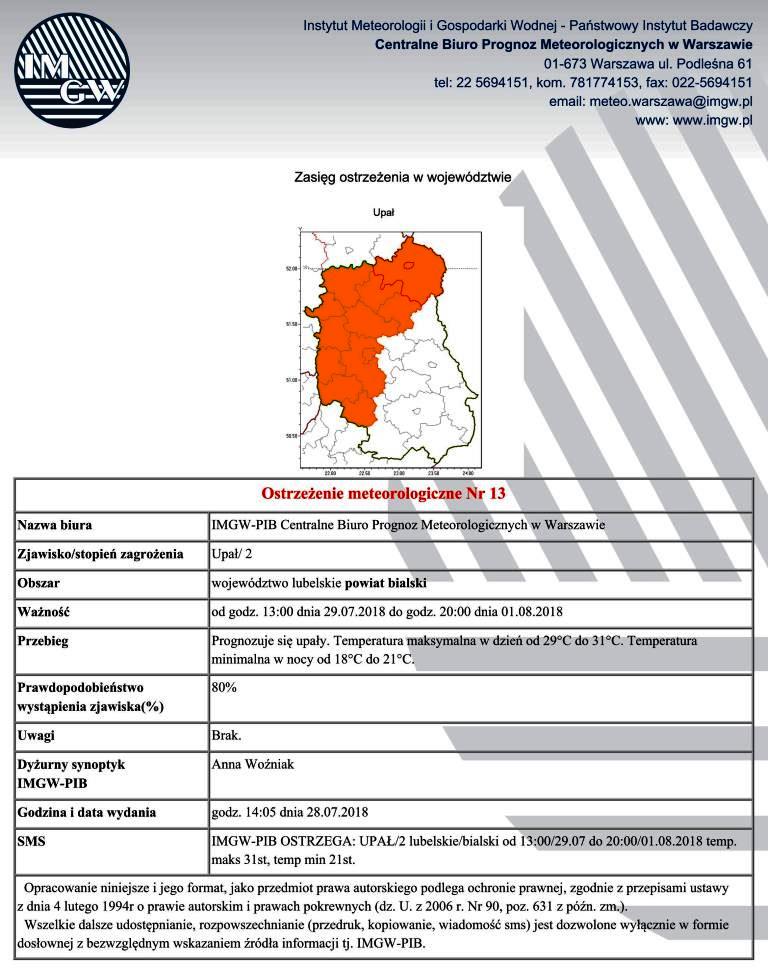 OSTRZEŻENIE METEOROLOGICZNE