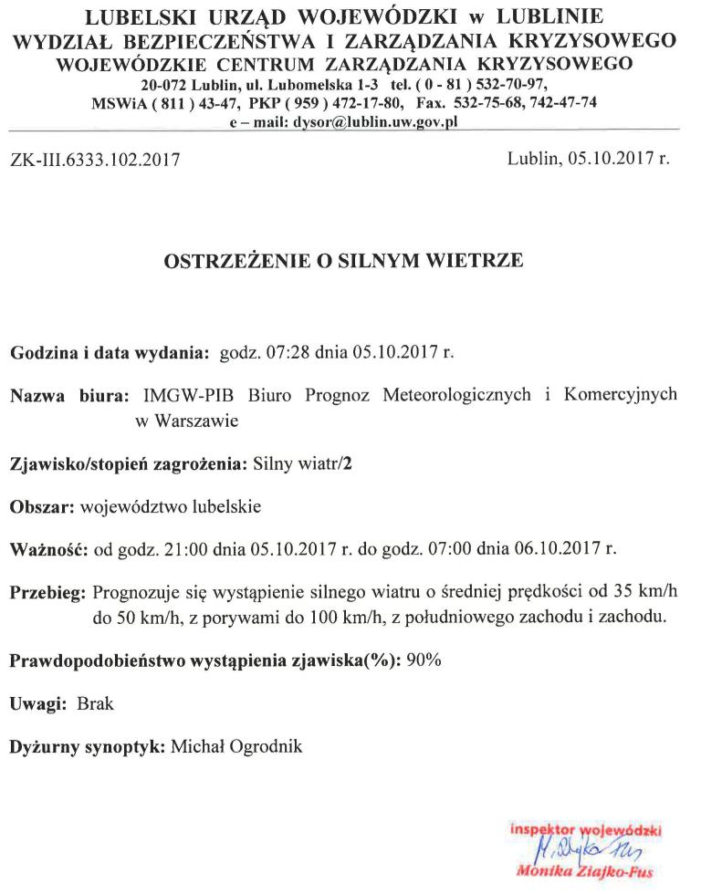 OSTRZEŻENIE O SILNYM WIETRZE