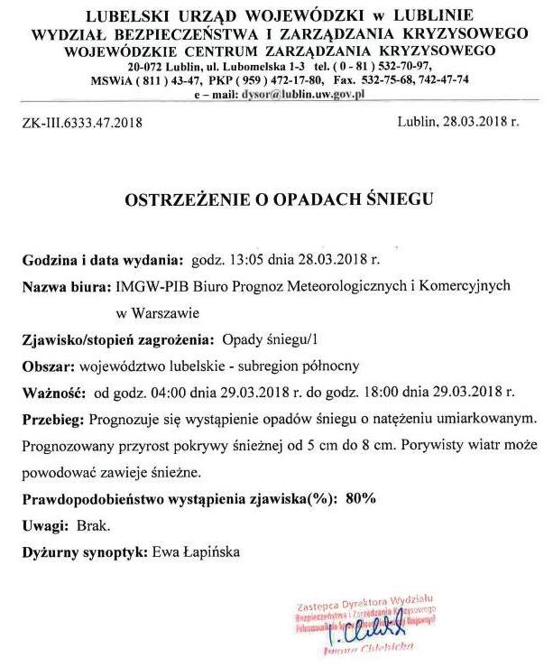 OSTRZEŻENIE O OPADACH ŚNIEGU