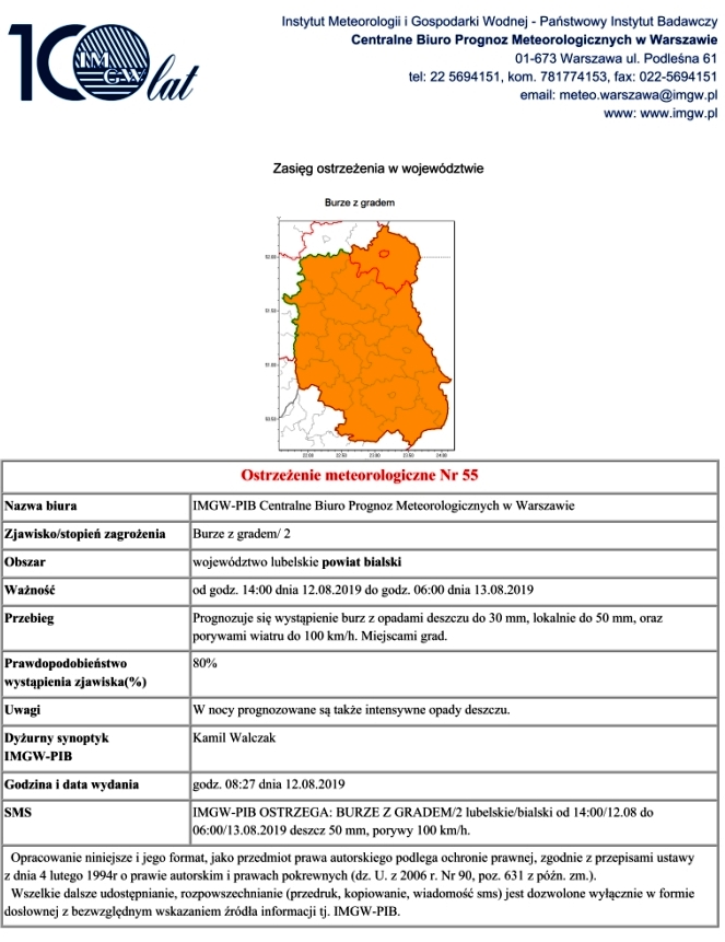 OSTRZEŻENIE METEOROLOGICZNE