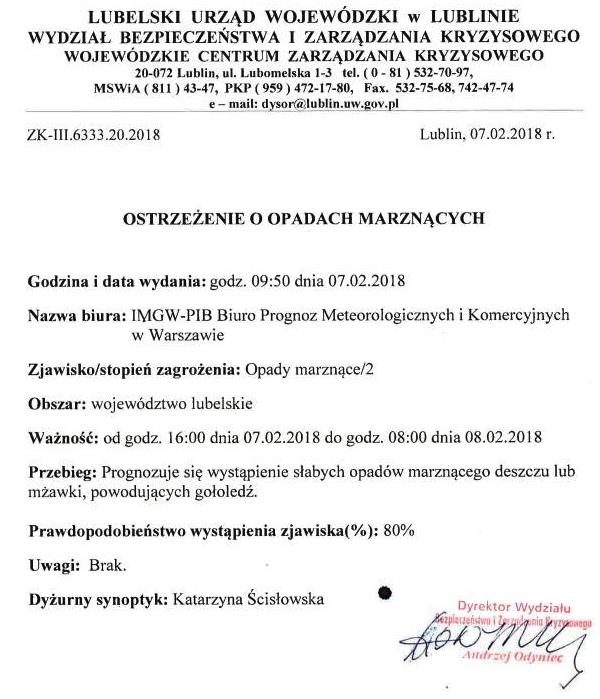 OSTRZEŻENIE O OPADACH MARZNĄCYCH