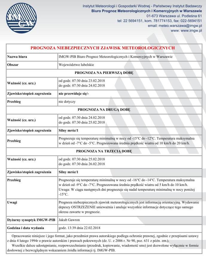 PROGNOZA NIEBEZPIECZNYCH ZJAWISK - WOJEWODZTWO LUBELSKIE