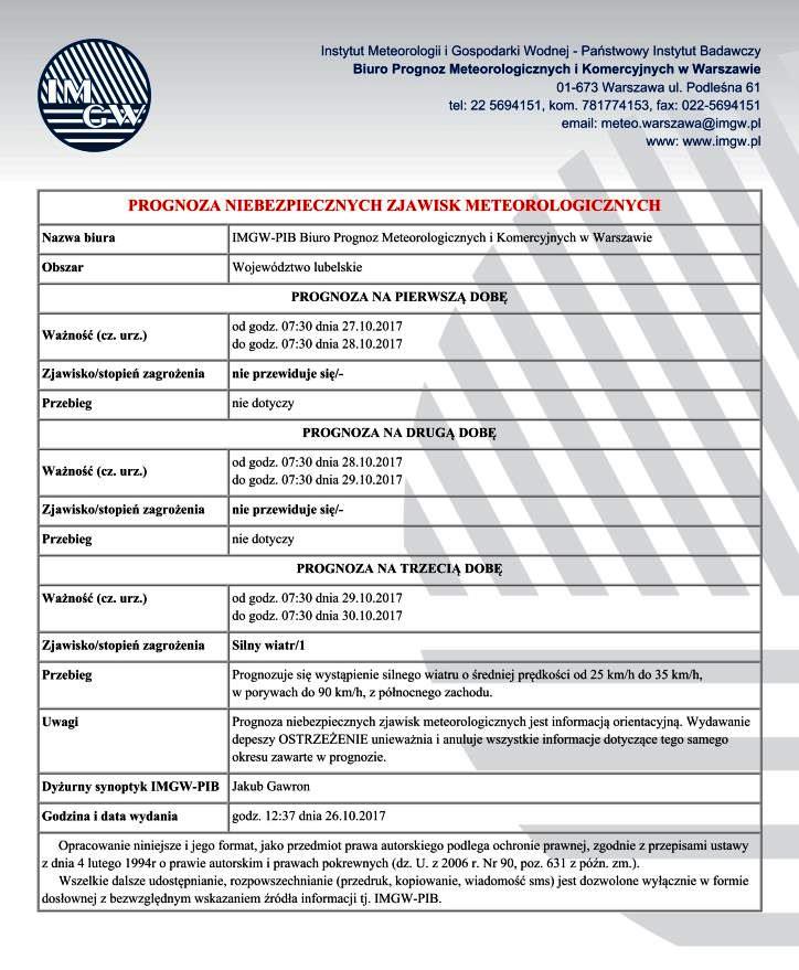 PROGNOZA NIEBEZPIECZNYCH ZJAWISK METEOROLOGICZNYCH
