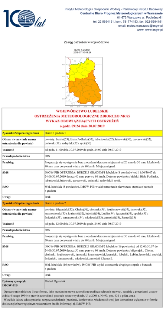 PROGNOZA NIEBEZPIECZNYCH ZJAWISK METEOROLOGICZNYCH